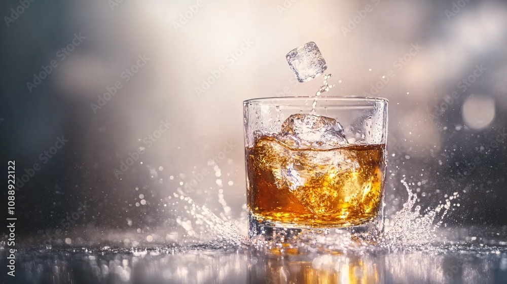 Fototapete 45-degree topview Isolated on background a whiskey tumbler with swirling liquid as a single ice cube drops creating a subtle splash on a neutral gray background with side empty space for text
