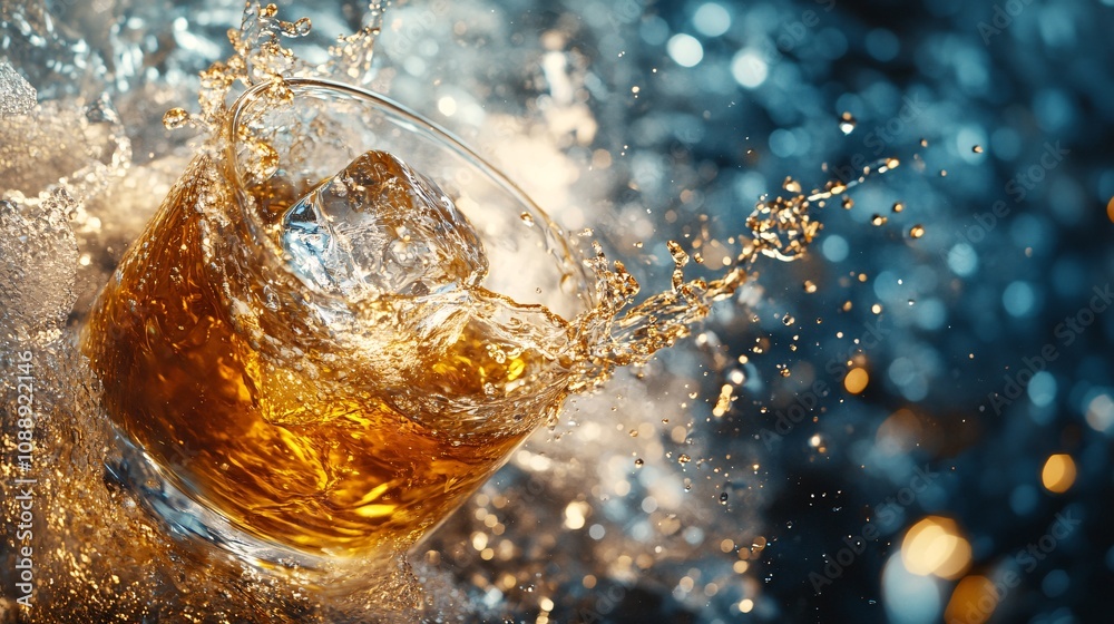 Poster 45-degree topview Isolated on background a whiskey tumbler with swirling liquid as a single ice cube drops creating a subtle splash on a neutral gray background with side empty space for text
