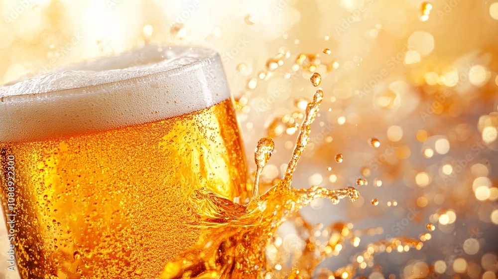 Poster 45-degree topview isolated on background a beer glass tilted slightly with foam spilling over the ri