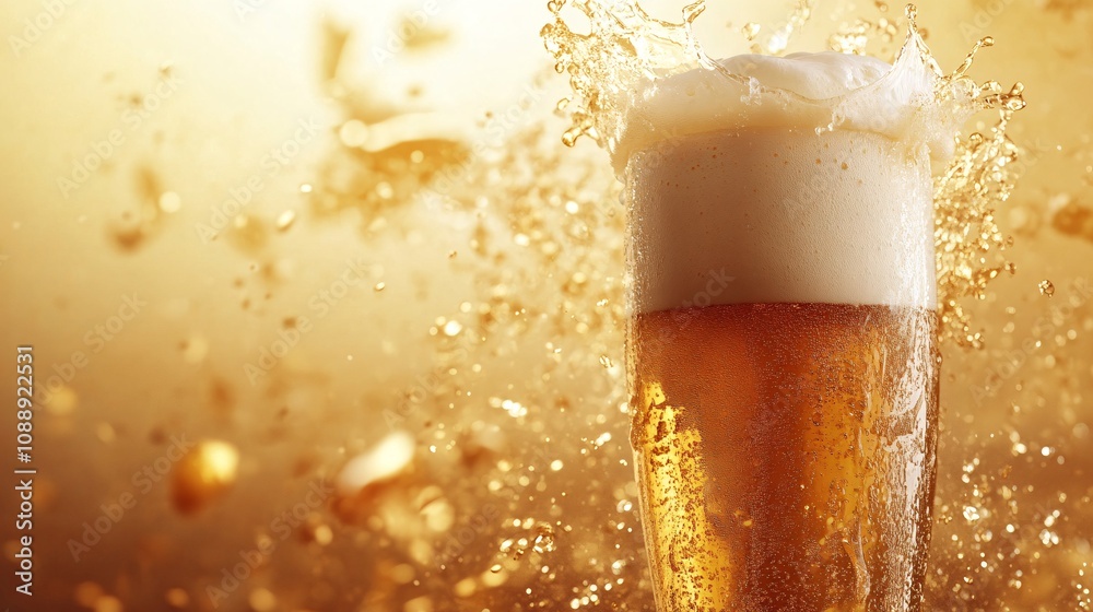 Poster 45-degree topview isolated on background a tall pilsner glass with golden beer and a frothy head spl