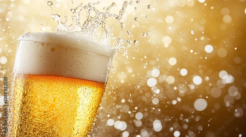 Fototapete 45-degree topview Isolated on background a tall pilsner glass with golden beer and a frothy head splashing dramatically upward on a light golden background with side empty space for text Stockphoto