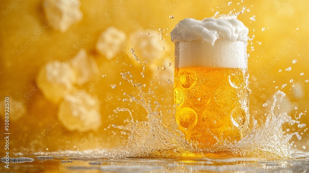 Aufkleber 45-degree topview Isolated on background a tall pilsner glass with golden beer and a frothy head splashing dramatically upward on a light golden background with side empty space for text Stockphoto