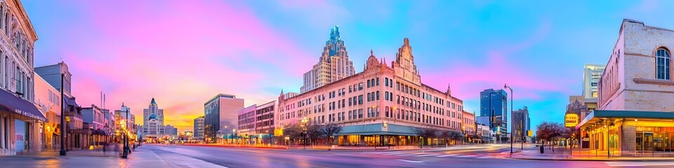A vibrant cityscape of Texas at dusk, showcasing the iconic landmark with high-rise buildings . The sky is painted with hues of blue and purple as the sun sets behind them, casting long shadows on