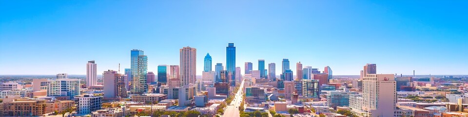 Obraz premium A vibrant cityscape of Texas at dusk, showcasing the iconic landmark with high-rise buildings . The sky is painted with hues of blue and purple as the sun sets behind them, casting long shadows on