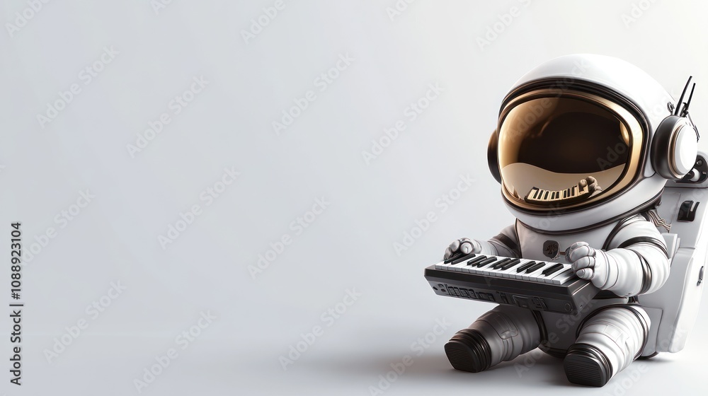 Poster A cute astronaut playing a keyboard in a minimalist setting.