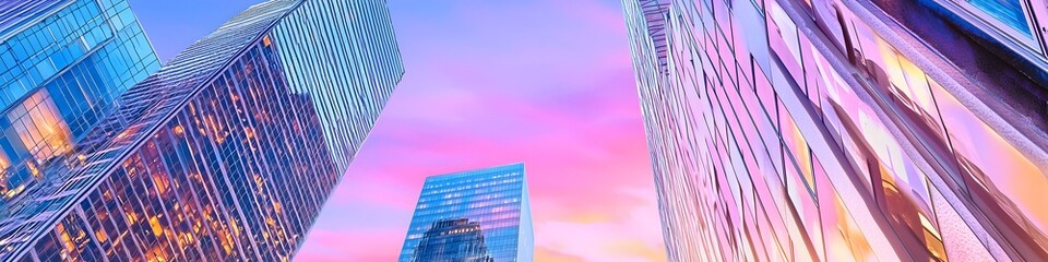 A vibrant cityscape of Texas at dusk, showcasing the iconic landmark with high-rise buildings . The sky is painted with hues of blue and purple as the sun sets behind them, casting long shadows on