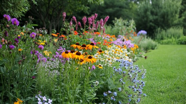 Vibrant Flower Garden with Bees and Butterfly, a serene garden scene showcasing colorful blooms, busy bees collecting nectar, and a butterfly elegantly perched on a flower