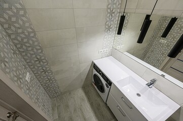 interior apartment room bathroom, sink, decorative elements, toilet. WC, sanitary unit, wash room