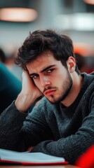 Student distracted, staring at phone, teacher in front, notes forgotten, classroom silent yet chaotic, empty eyes, disconnected from lessons, surroundings blur, focus lost