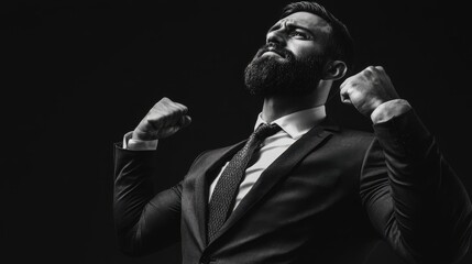 Black and white photo of a confident business man striking an empowering posture on solid black background, exuding leadership, strength, and professionalism