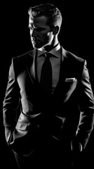 High contrast black and white photo of confident business man with empowering posture, silhouetted on solid black background, showcasing success and power