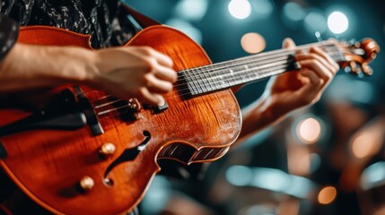 Obraz premium Guitarist prepares for the upcoming show by tuning strings amidst a lively stage atmosphere