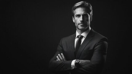 Fototapeta premium Black and white photo of a confident business man striking an empowering posture on solid black background, exuding leadership, strength, and professionalism