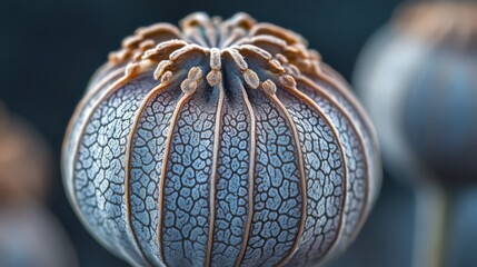 Close-up of a dried poppy seed pod with a intricate pattern.