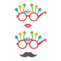 Party glasses and greetings decorated with stars and new year dawn, ready to be used in New Year's Eve party for 2025.