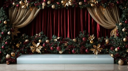 Elegant Holiday Stage Decor with Festive Greenery and Golden Accents