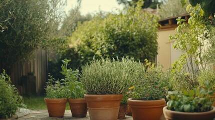 Fototapeta premium Serene Herb Garden in Earthen Pots