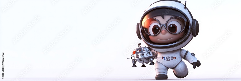 Aufkleber A cheerful cartoon character in a spacesuit walks with a small spacecraft in hand.