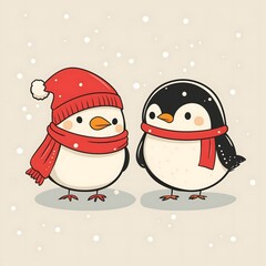 Fototapeta premium Cute Cartoon Penguins in Winter Attire with Snowy Background