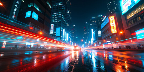 Obraz premium A vibrant city street at night, illuminated by colorful neon lights reflecting on wet pavement, creating a dynamic urban atmosphere for the social issues industry.