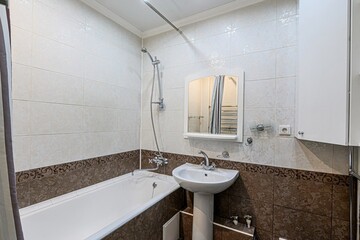 interior apartment room bathroom, sink, decorative elements, toilet. WC, sanitary unit, wash room