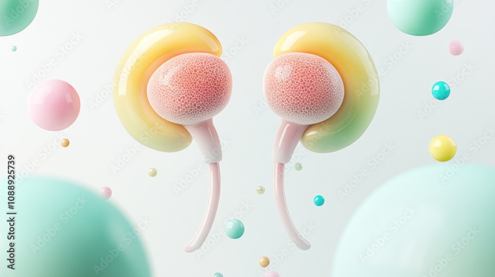 Poster Abstract illustration of stylized organs with colorful spheres in a playful composition.