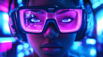 A young woman focuses intently while wearing high-tech glasses that illuminate her face with bright neon colors.