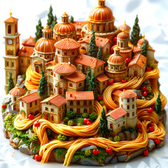 a city with spaghetti on it.  with a white accent, detailed, png