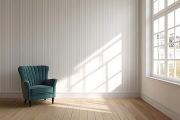 Teal Upholstered Chair Against White Striped Wall with Hardwood Floor and Light Through French Window