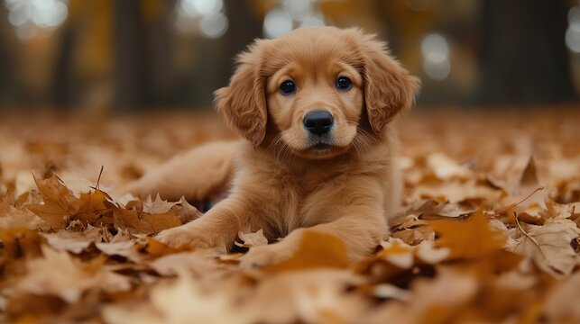 A golden retriever puppy lying among autumn leaves in a serene outdoor setting.