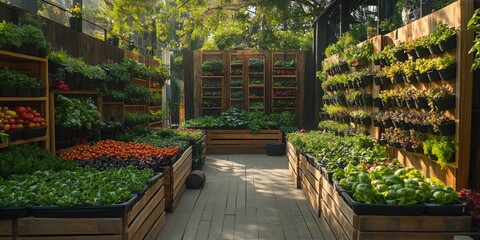 Sunlit urban farm with rows of fresh produce in wooden crates and vertical gardens.