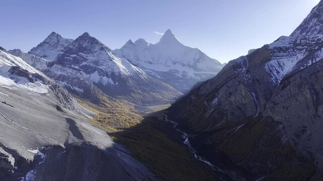Aerial view of Daocheng Yading, Sichuan, China in yellow leave season.