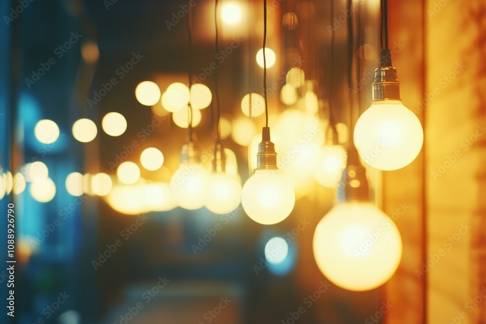 Poster a collection of glowing light bulbs suspended in a dimly lit space, creating a warm ambiance.