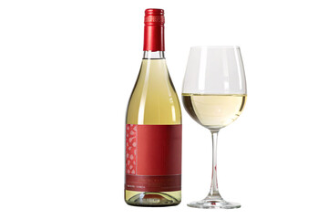 A beautifully detailed bottle of white wine, red-labeled, accompanied by a clear glass showcasing the light golden liquid within, set against a transparent background