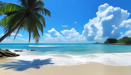 Obraz premium Southeast Asia Beach Scene. White Sand, Clean Foamy Waves, Blue Sea, Clear Sky and Brilliant White Clouds. Tropical Paradise with Coconut Trees. Perfect for Travel, Vacation and Coastal Photography