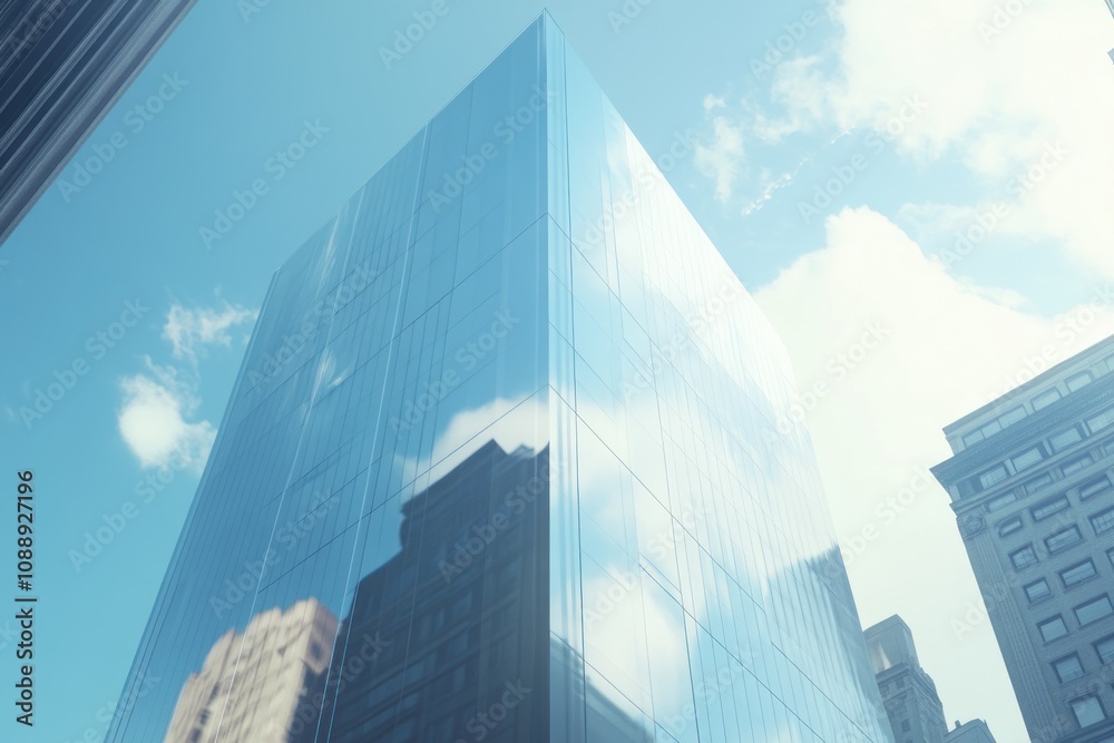 Poster a modern glass building reflecting the sky and surrounding structures in an urban setting.