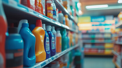 Close-up of colorful cleaning product bottles neatly arranged on shelves in a bright grocery store aisle, highlighting household essentials.