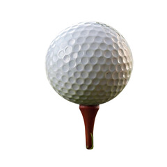 A close-up of a dimpled golf ball perched on a red tee, capturing the essence of precision and leisure sports, set against a transparent background