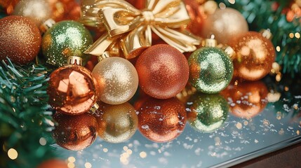 Festive Christmas Ornaments and Decorations on Reflective Surface