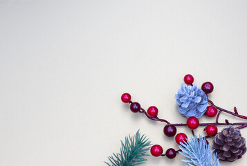 Christmas ornaments, snow and pine tree and red holly, Christmas festive element wallpaper background. Ideas for greeting card, advertising, brochures , online wallpaper with copy space.