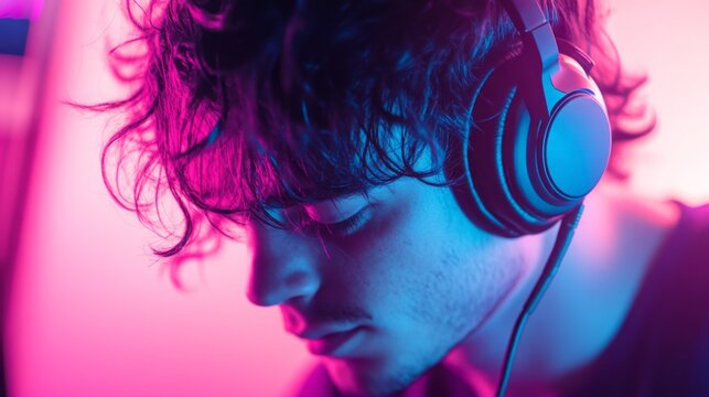 A close-up of a young man wearing headphones with curly hair, listening intently. The background is a blurred pink and blue, highlighting the subject's focused expression. - Powered by Adobe