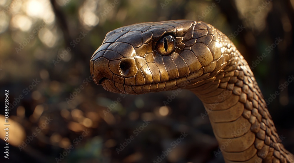 Poster a close-up of a golden snake with intricate scales and a striking eye in a natural setting.
