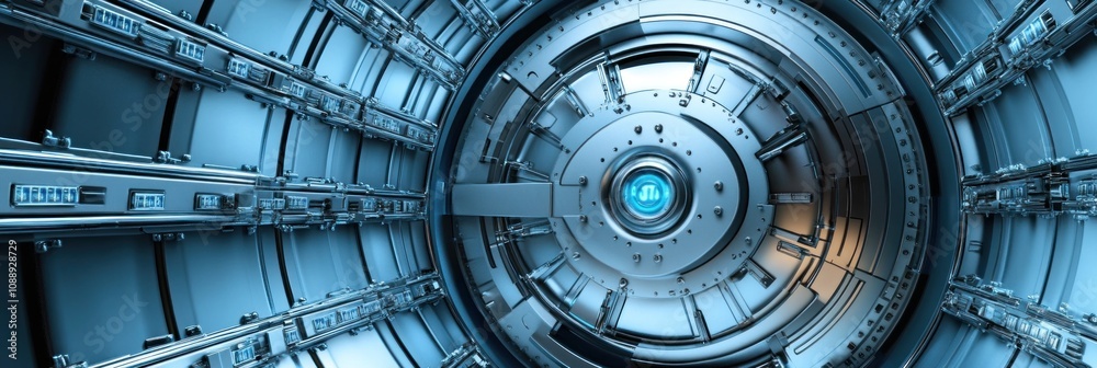Aufkleber a futuristic metallic corridor featuring a circular door and intricate design elements.