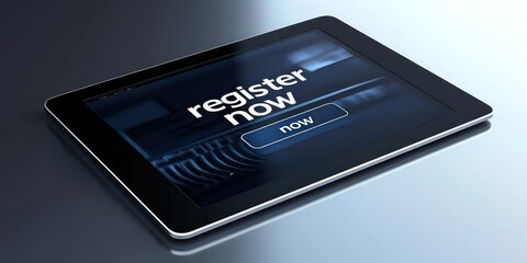 Digital tablet screen with a "register now" button on a sleek interface