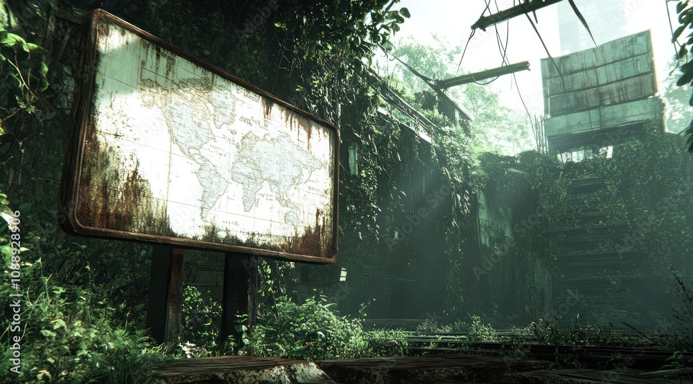 Poster an overgrown map board in a dilapidated environment, showcasing nature reclaiming space.