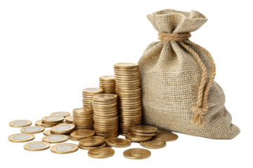 A jute bag filled with coins next to several stacks of gold currency, portraying themes of economic growth, savings, and investments, set against a transparent background
