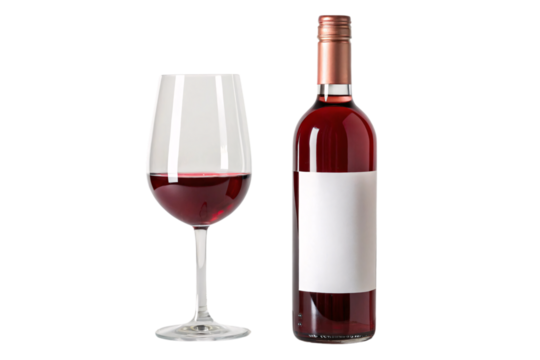 A minimalist presentation with a bottle of red wine bearing a blank label, paired with a wine glass filled with vibrant, rich red wine, set against a transparent background