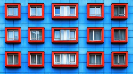 Red framed windows on a blue building facade.