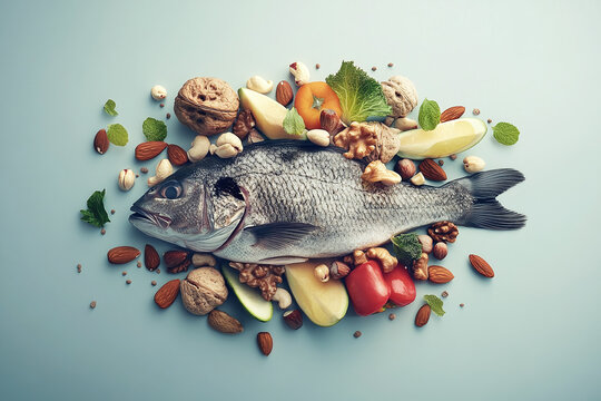 Fresh fish surrounded by a variety of nuts, vegetables, and herbs on a minimalist surface. Represents healthy eating and brain-boosting nutrition.