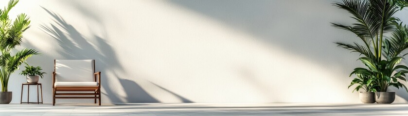 A serene interior scene featuring a minimalist bench, a small table, and lush plants against a softly lit wall.